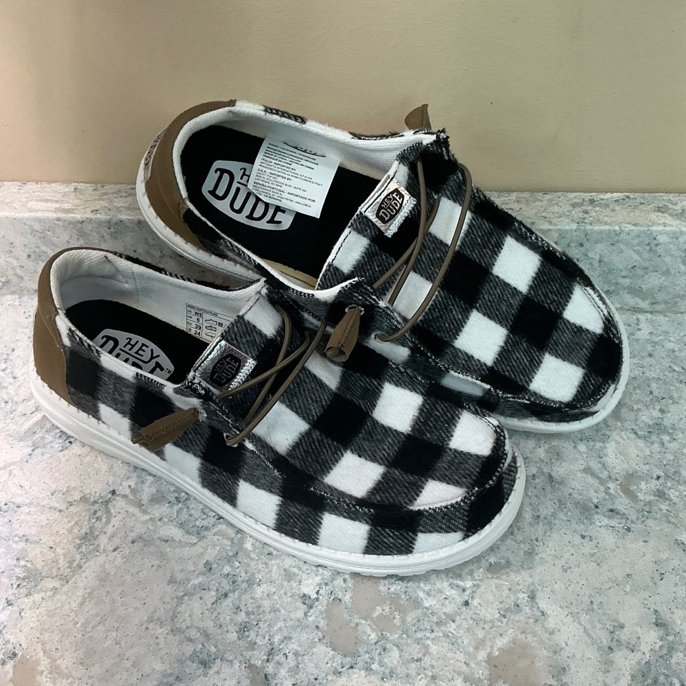 Hey Dude Loafers Wendy Buffalo Plaid Size 8 Black White Check Slip On Shoes